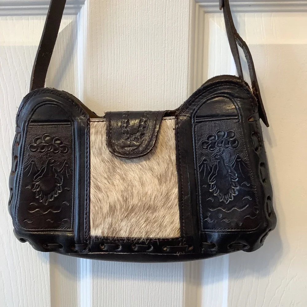 Puro Cuero Hand Crafted Tooled Leather Cowhide Pony Hair Shoulder Bag Brown